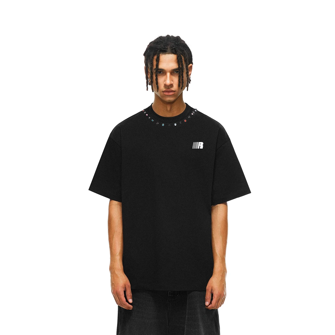 FDR官方店 美式R字领口镶钻圆领短袖T恤男女夏季宽松情侣体恤上衣