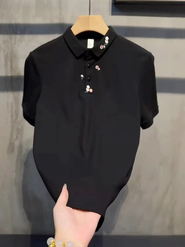 花卉刺绣短袖POLO衫男士高级感polo痞帅个性翻领T恤时尚百搭上衣
