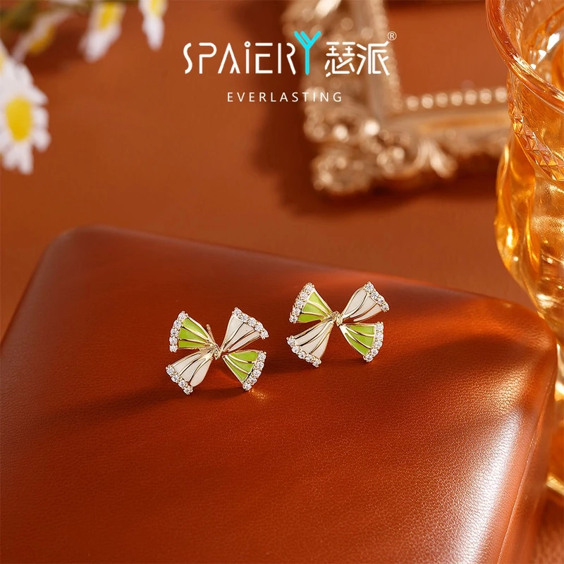 合金耳饰 【25145】高版四叶草春彩锆石银针耳钉珐琅滴釉轻奢小众