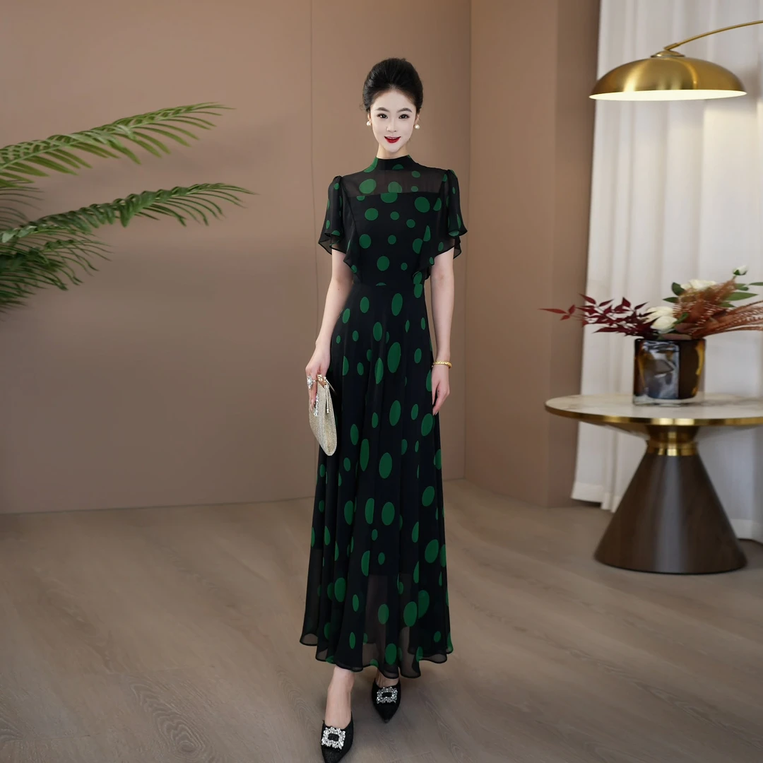 【现货】绿波点连衣裙2025轻奢气质轻薄莱赛尔乔其纱过膝长裙152