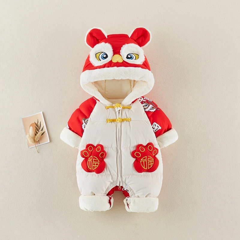 喜庆婴儿连体衣棉袄冬装夹棉宝宝拜年服棉衣加厚冬季红色过年服装