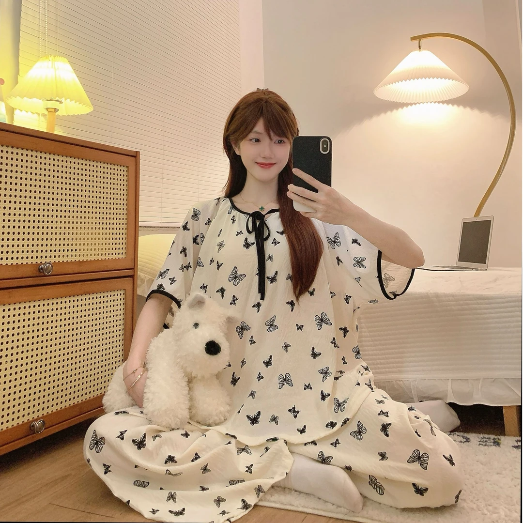 蝴蝶套装睡衣长裤大码夏季舒适薄款休闲短袖女网红家居服套装