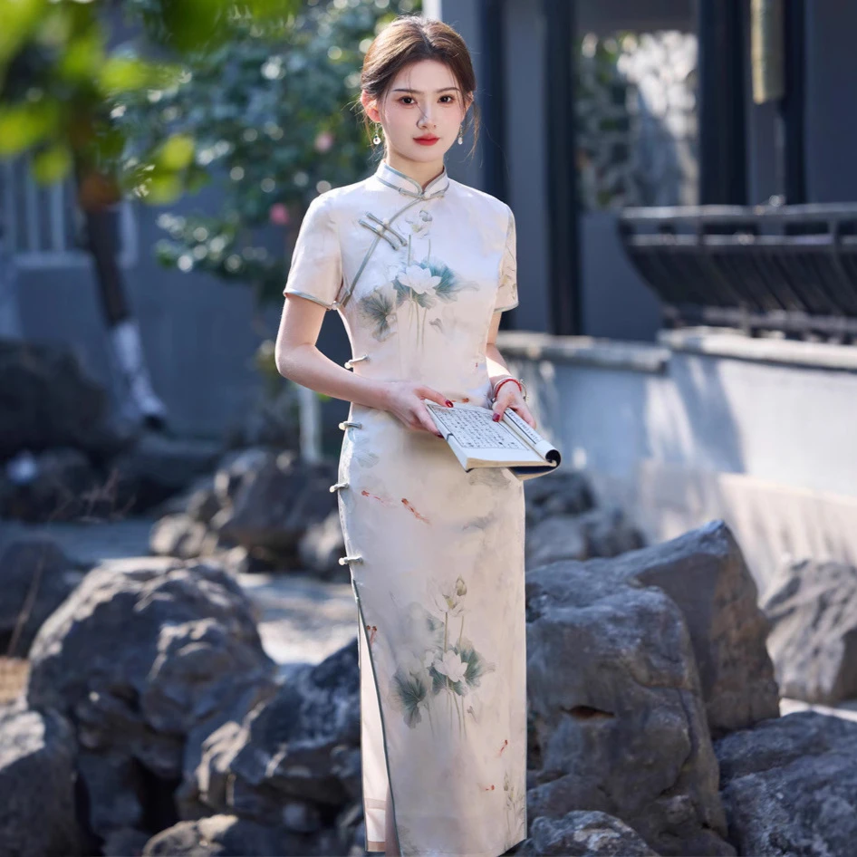 2025春夏新款仿醋酸提花长款侧八扣双层旗袍鲤鱼跃龙门送考女旗袍