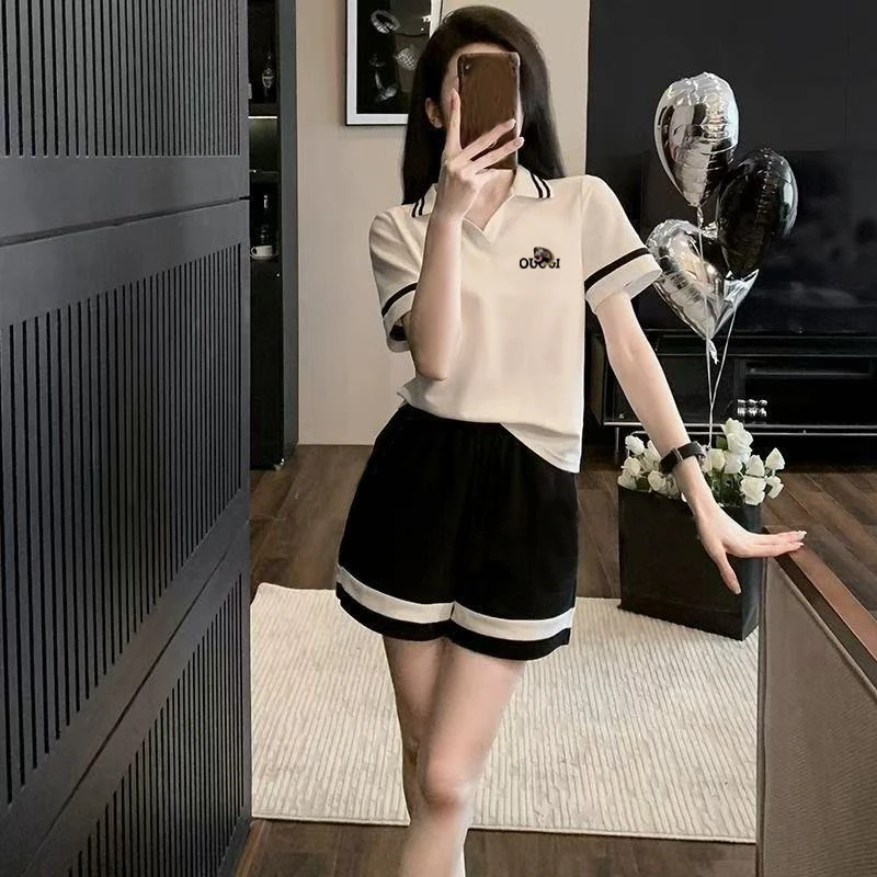 【粉丝专属】2件套夏季女短袖短裤宽松POLO领休闲印花套装女259