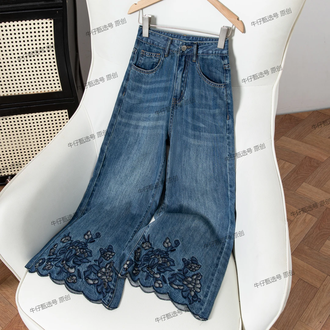 刺绣重工直筒高腰阔腿裤女2025夏季女休闲八分九分牛仔裤裤子7896