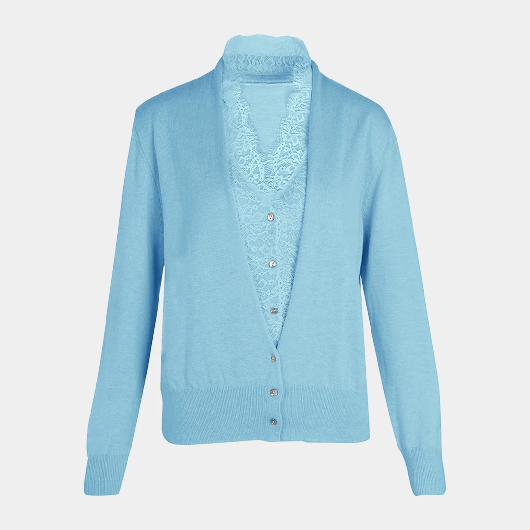 【蓝色】早春新款时尚休闲v领纯色假两件开衫针织衫（19888）【405】