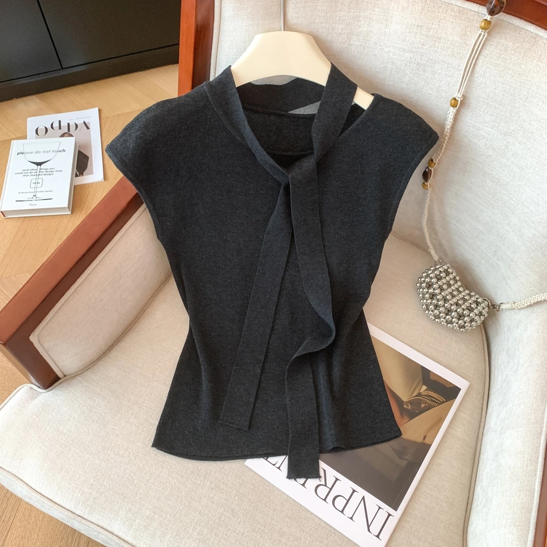 拉夏贝尔法式气质高级感飘带短袖针织衫女韩系温柔修身显瘦上衣