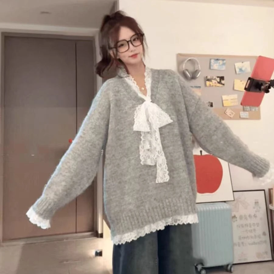 秋冬装新款大码女装蕾丝可爱百搭毛衣外套宽松慵懒风套头针织衫