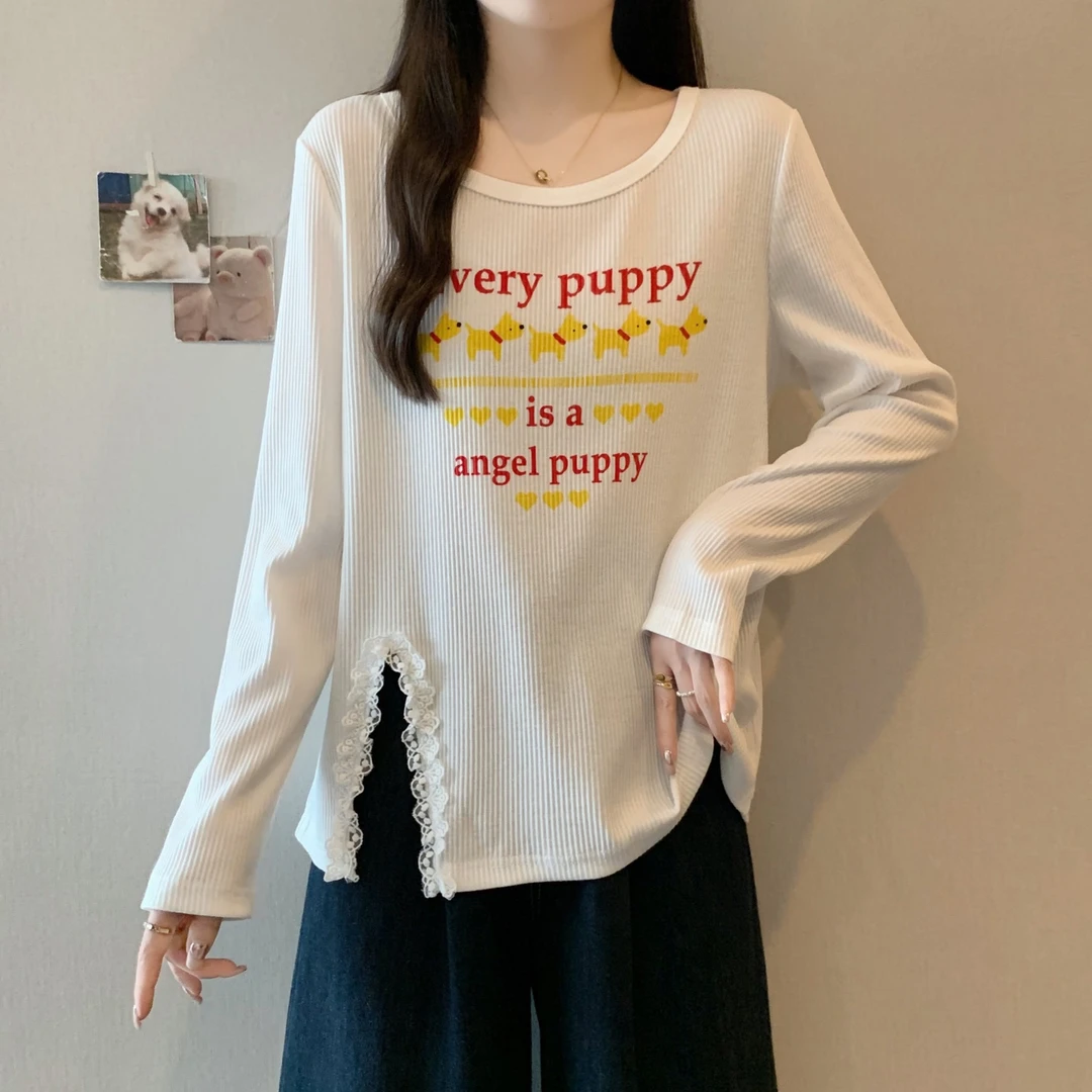 2025秋装新款胖mm大码女装甜美减龄圆领T恤正肩开叉内搭上衣80216