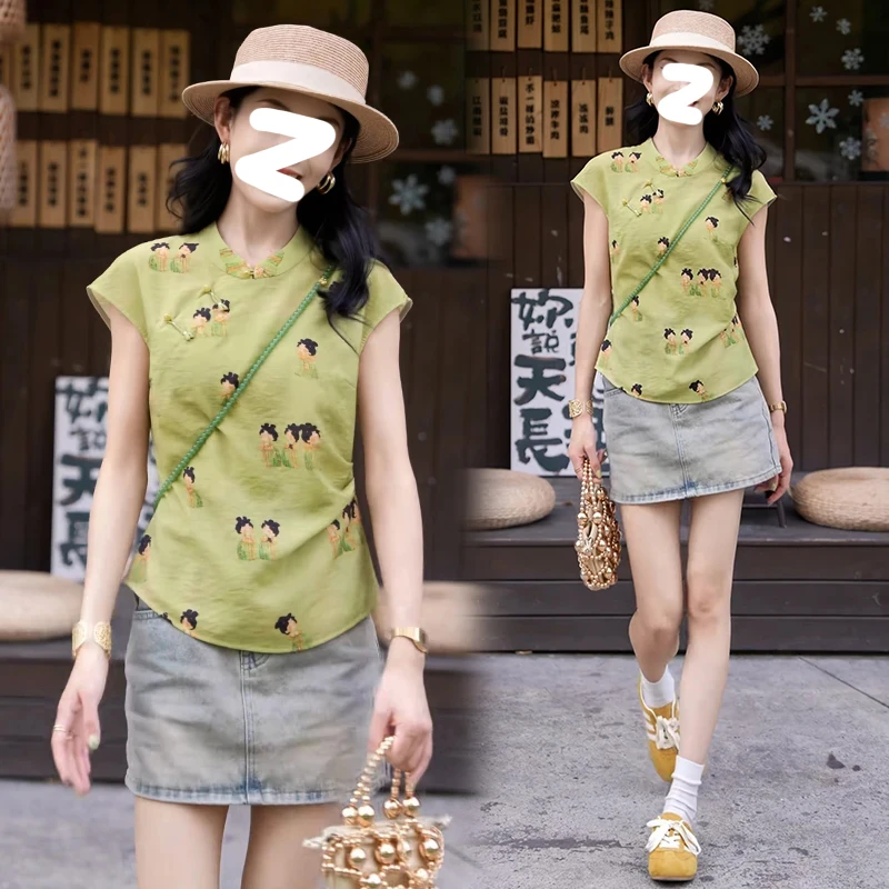 新中式国风复古盘扣无袖衬衫女夏2025新款气质超好看独特漂亮上衣