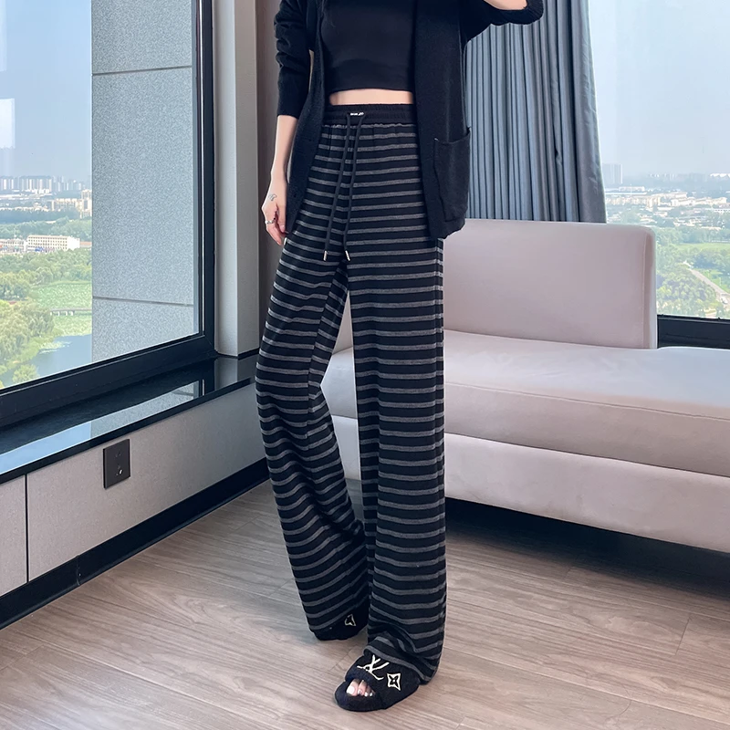 2025秋季条纹阔腿裤女大码松紧腰显瘦宽松直筒裤春秋垂感拖地长裤