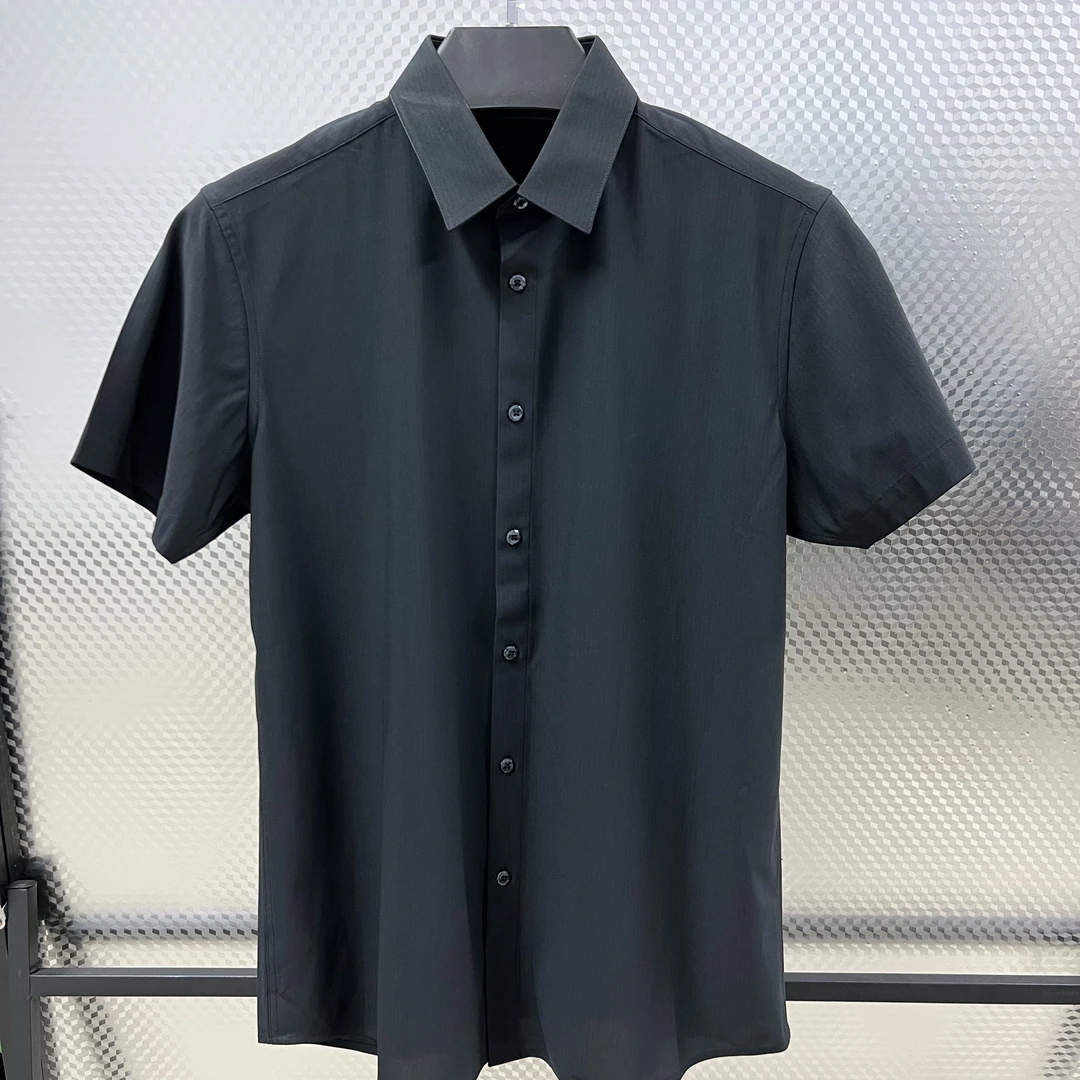 品牌剪标男士夏季商务休闲黑色短袖衬衫翻领薄款纯色衬衣百搭时尚
