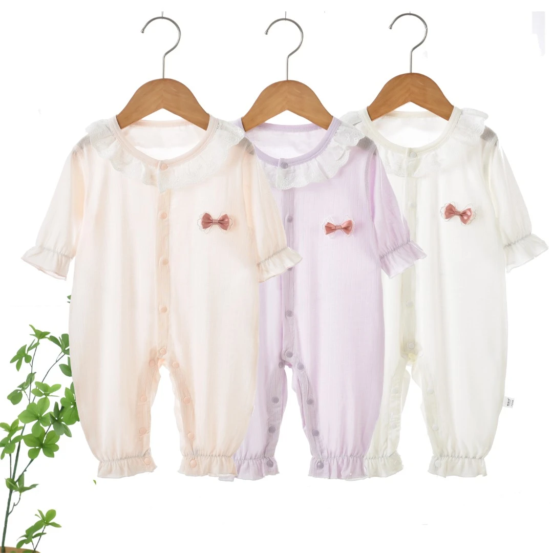 夏季薄款婴儿长袖连体衣花边莫代尔A类女宝时尚公主风空调服外出