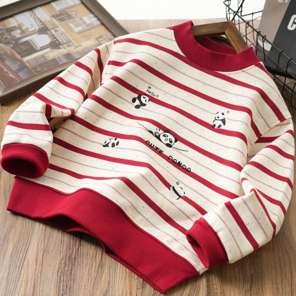 2025年款条纹加绒卫衣男童上衣中大童熊猫刺绣拜年服24W02