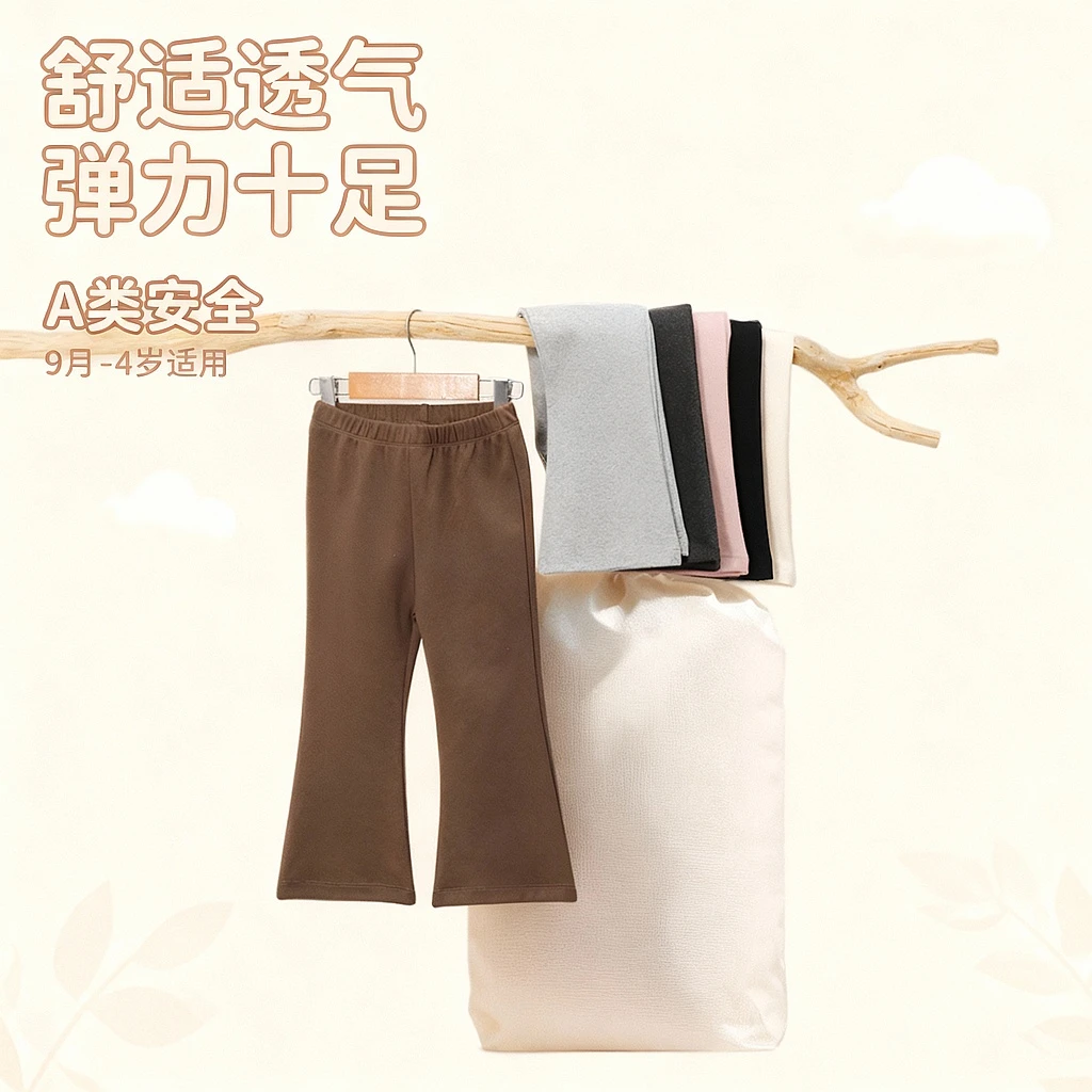 Tiny People春秋时髦宝宝纯色喇叭裤女童针织宽松百搭微喇裤子