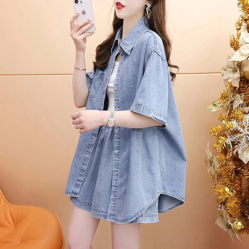 2025小个子休闲大码女装运动风牛仔短袖短裤千金秋天套装女装秋装