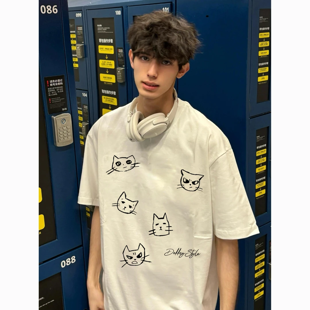 100%纯棉美式复古慵懒风卡通猫咪印花短袖男女宽松休闲圆领情侣装