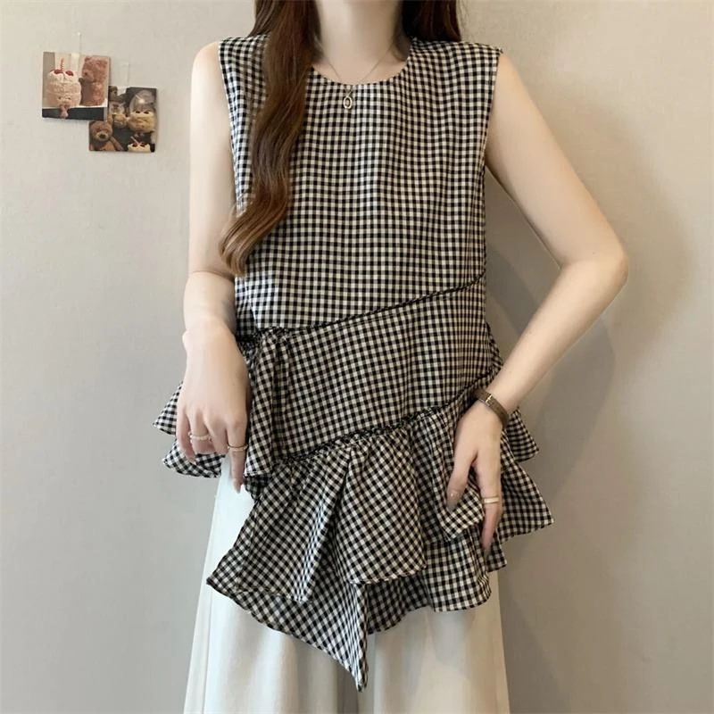韩系复古格子吊带背心女外穿夏季大码胖mm不规则荷叶边娃娃衫上衣