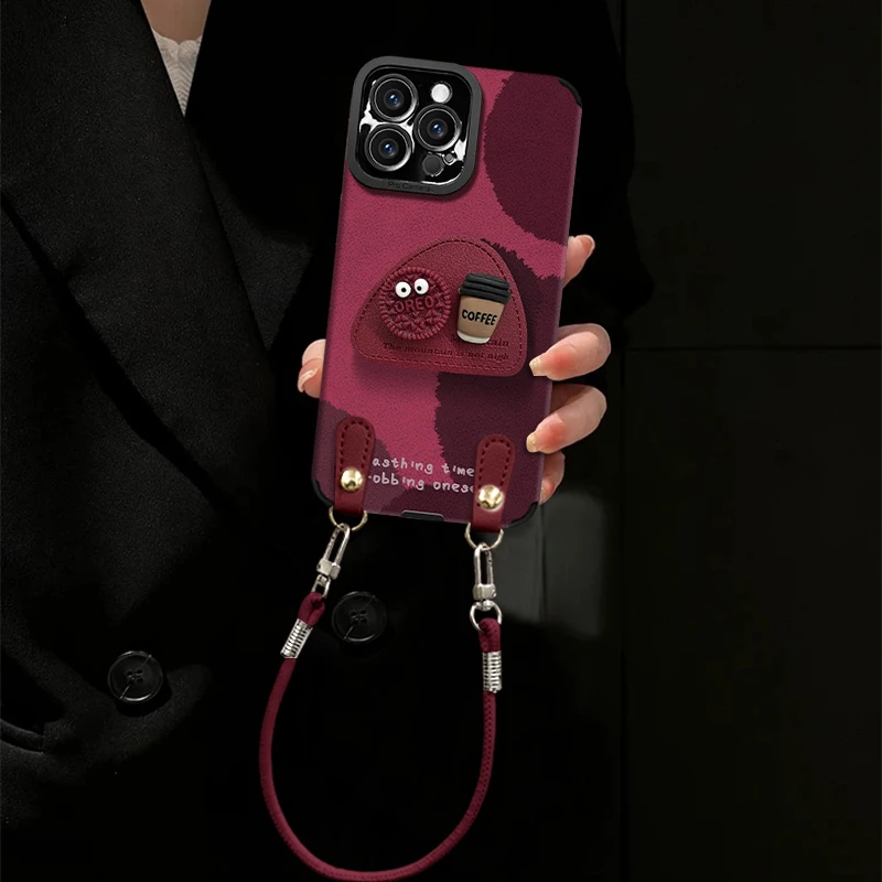 煤球咖啡适用于苹果15promax手机壳瞳眼小羊皮支架高颜值防摔女款