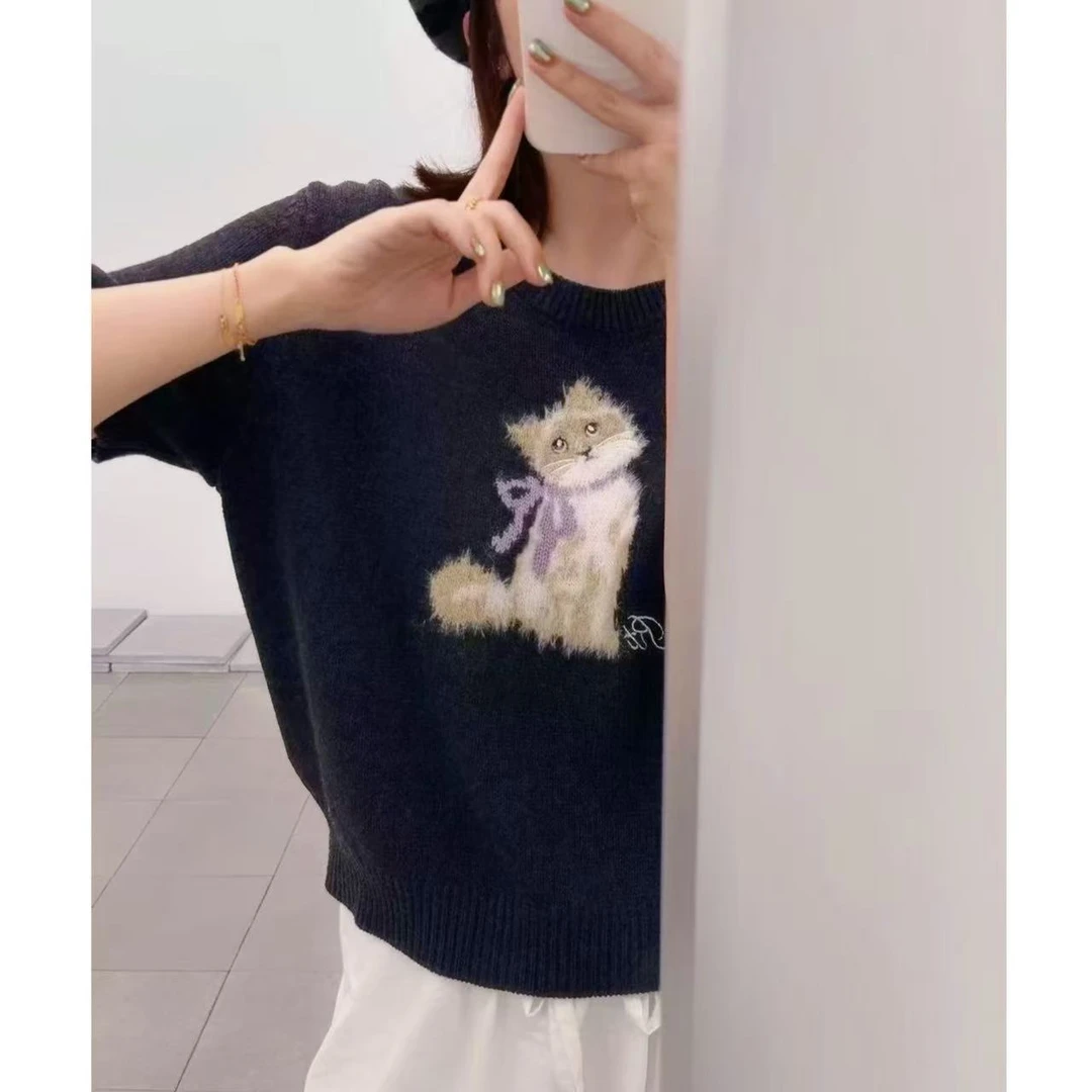 【藏蓝小猫】绒毛小猫减龄提花气质宽松针织短袖2027
