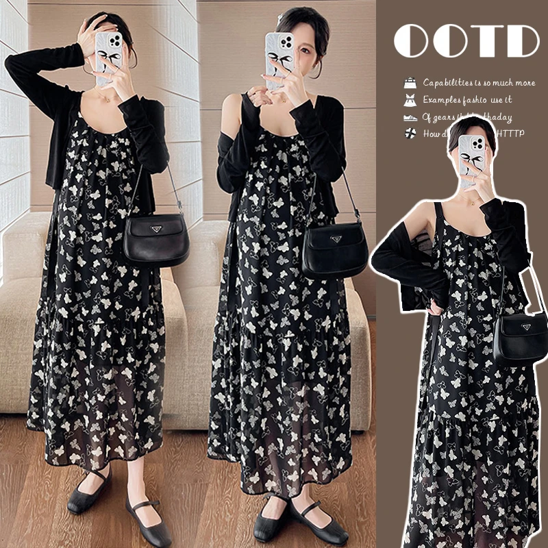 遮肉大码孕妇装连衣裙夏季时髦雪纺蝴蝶结吊带裙防晒衫孕妈两件套