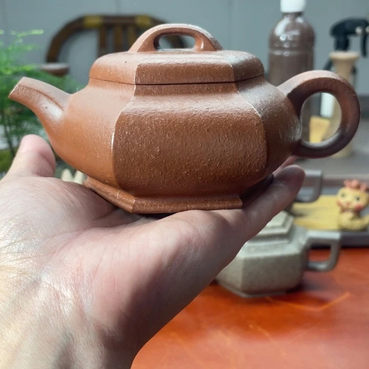 茶壶紫砂六方虚扁，手磨料（小红泥）