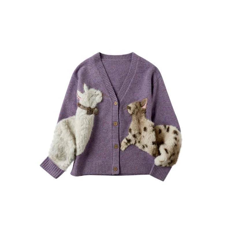 【曲奇COOKY专属】新款紫色绒绒猫对白重工刺绣V领针织毛衣开衫