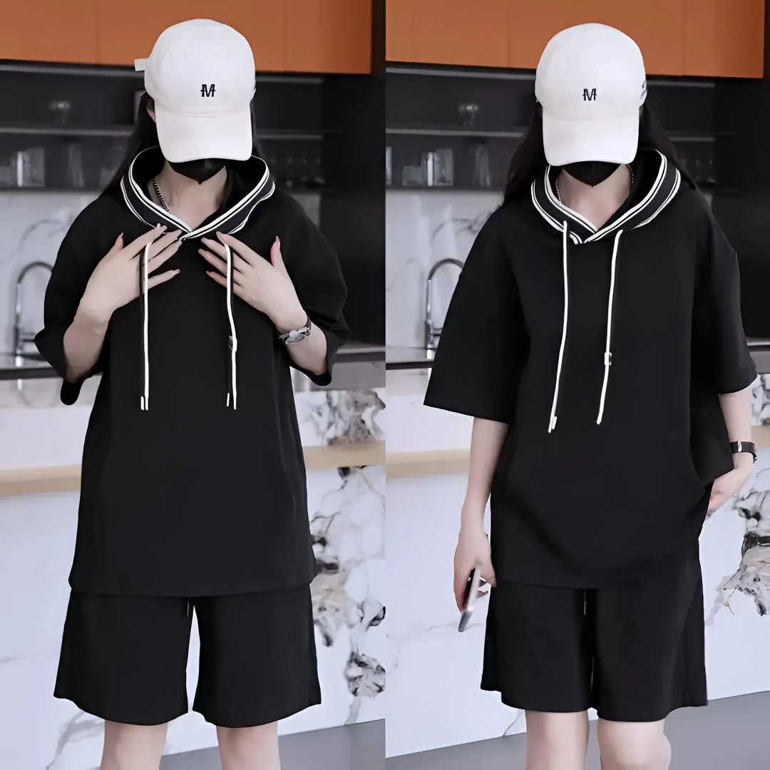 夏季潮牌高档轻奢休闲运动套装情侣同款连帽短袖抽绳短裤两件套