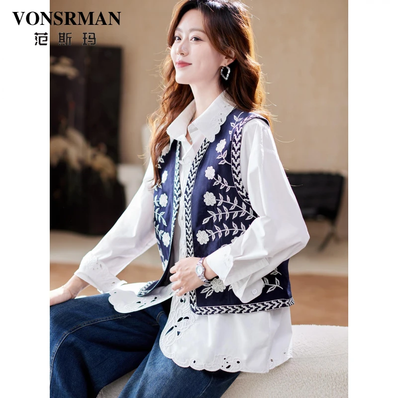 范斯玛V领刺绣复古马甲外套女2025秋季洋气宽松百搭休闲马夹上衣
