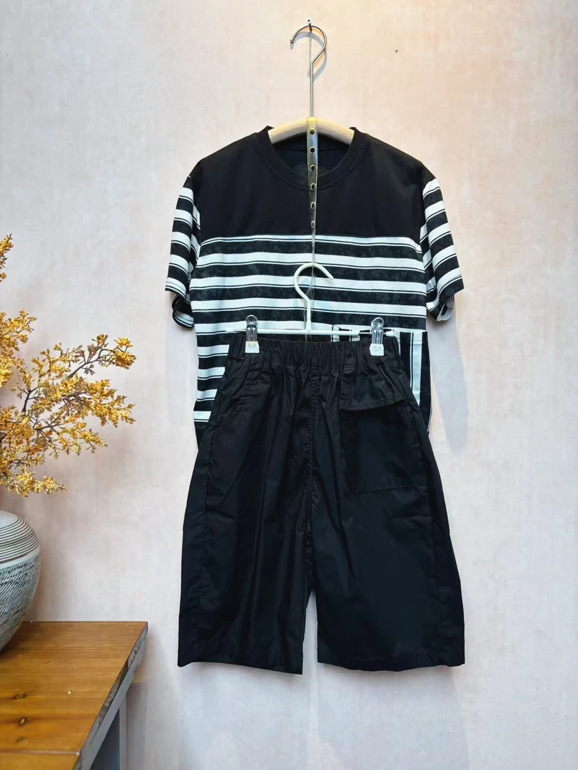 【高货特价】男童夏季薄款黑白条套装黑色条纹休闲