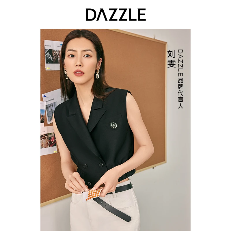 DAZZLE地素秋黑色西装领双排扣马甲外套女2E2F005