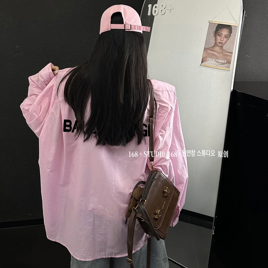 下衣消失粉色垫肩衬衫上衣女2025新款爆款宽松韩版中长款洋气外套