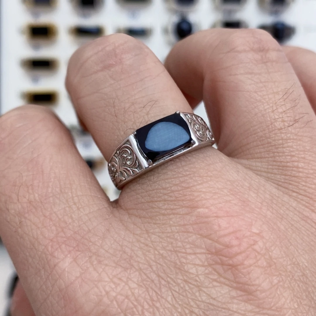 翡翠银S925镶嵌戒指墨翠戒指