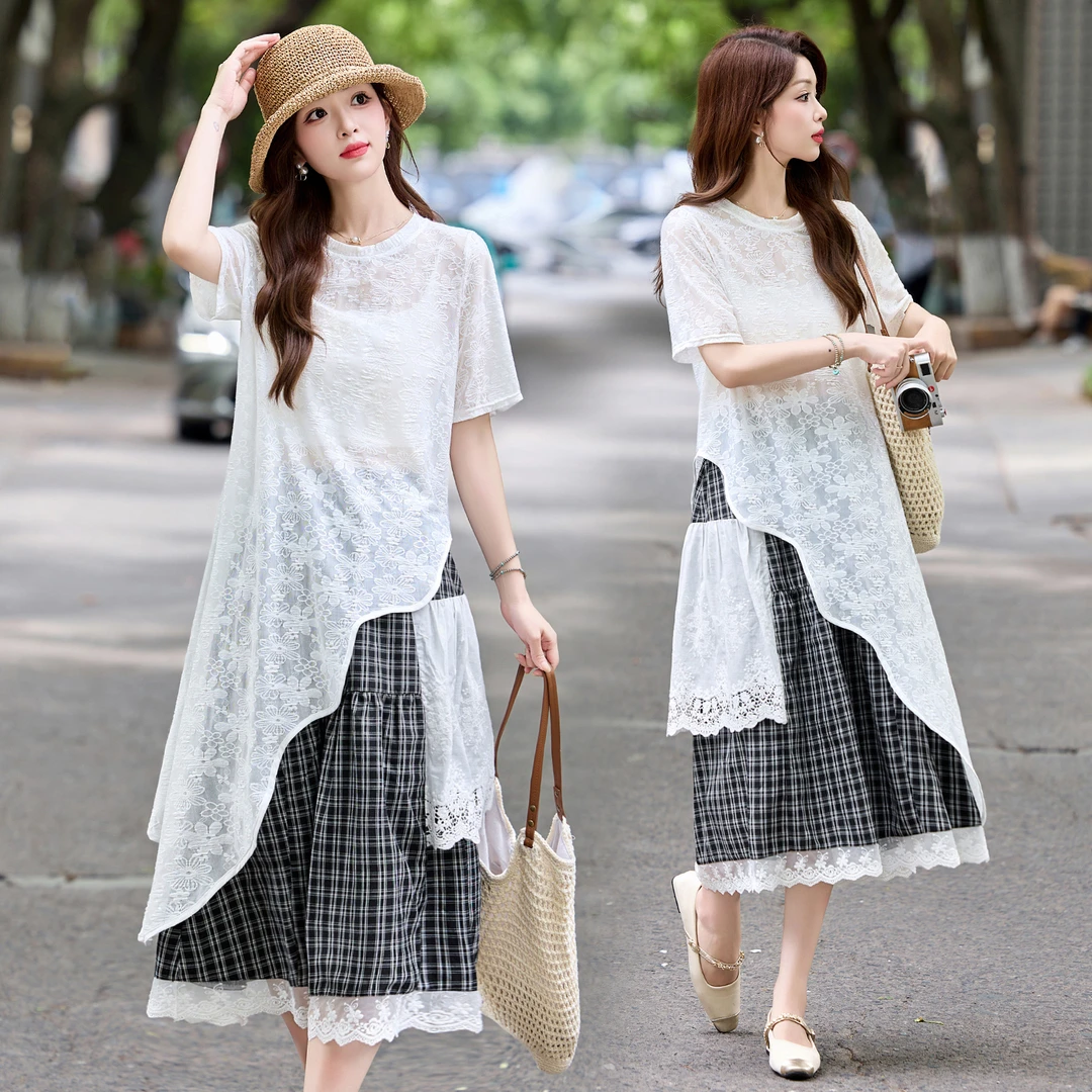 设计感不规则蕾丝上衣套装女夏季慵懒风松弛感格子半身裙三件套