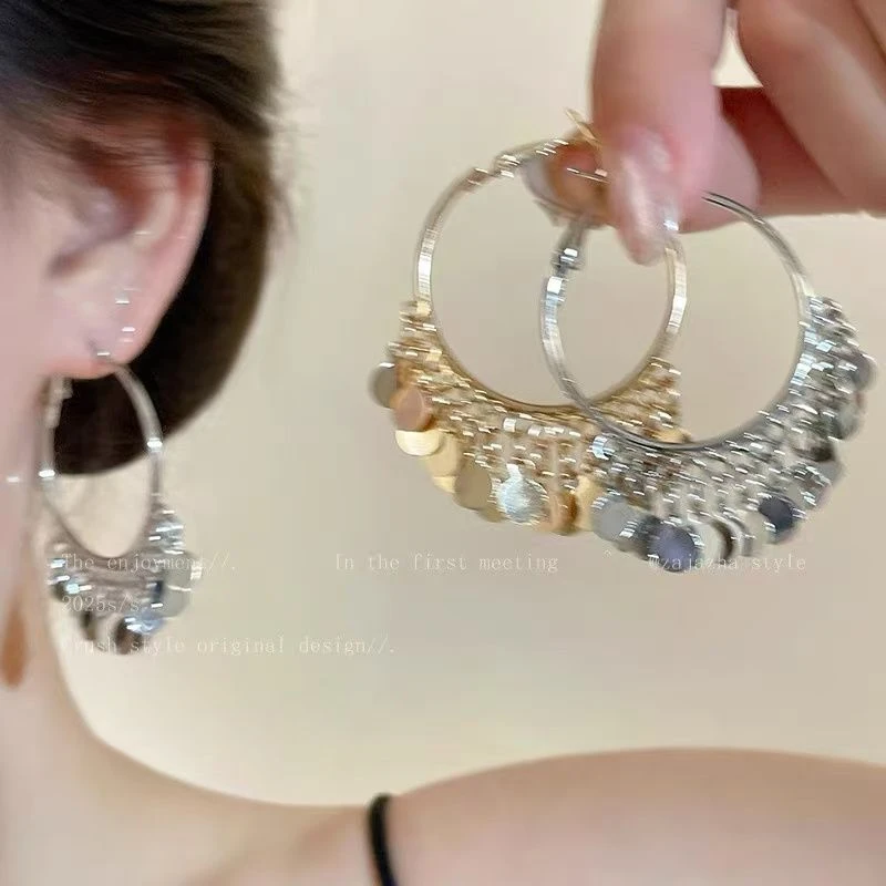波光粼粼~民族风圆片流苏耳圈女高级感小众波西米亚气质百搭耳环