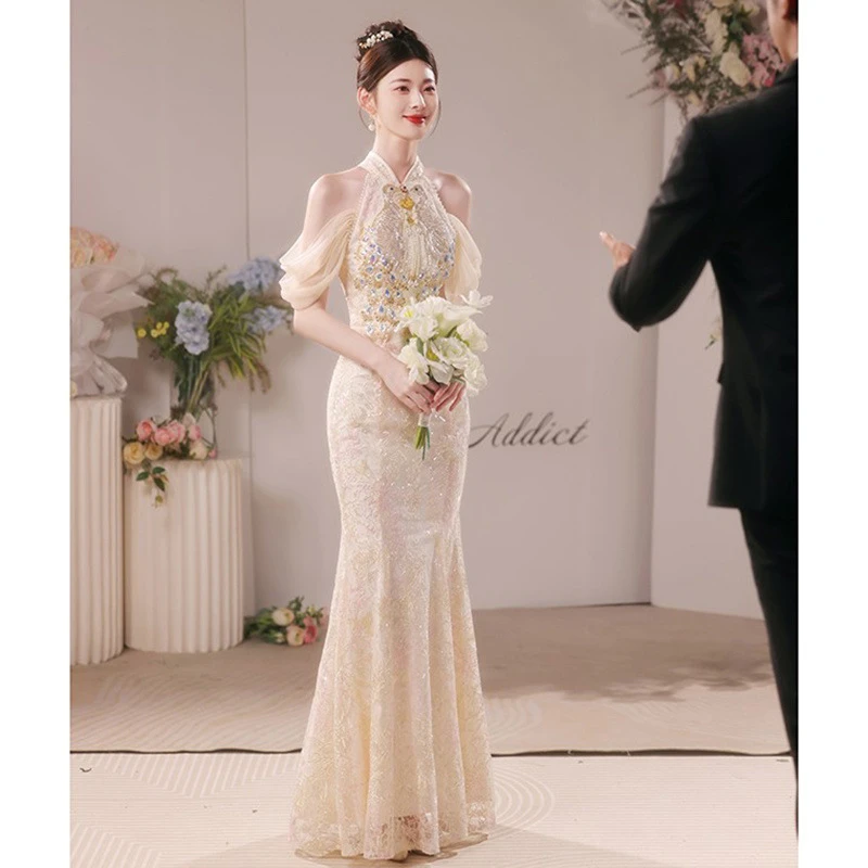 新中式旗袍敬酒服新娘2025鱼尾结婚订婚小众高级闪礼服裙高端轻奢