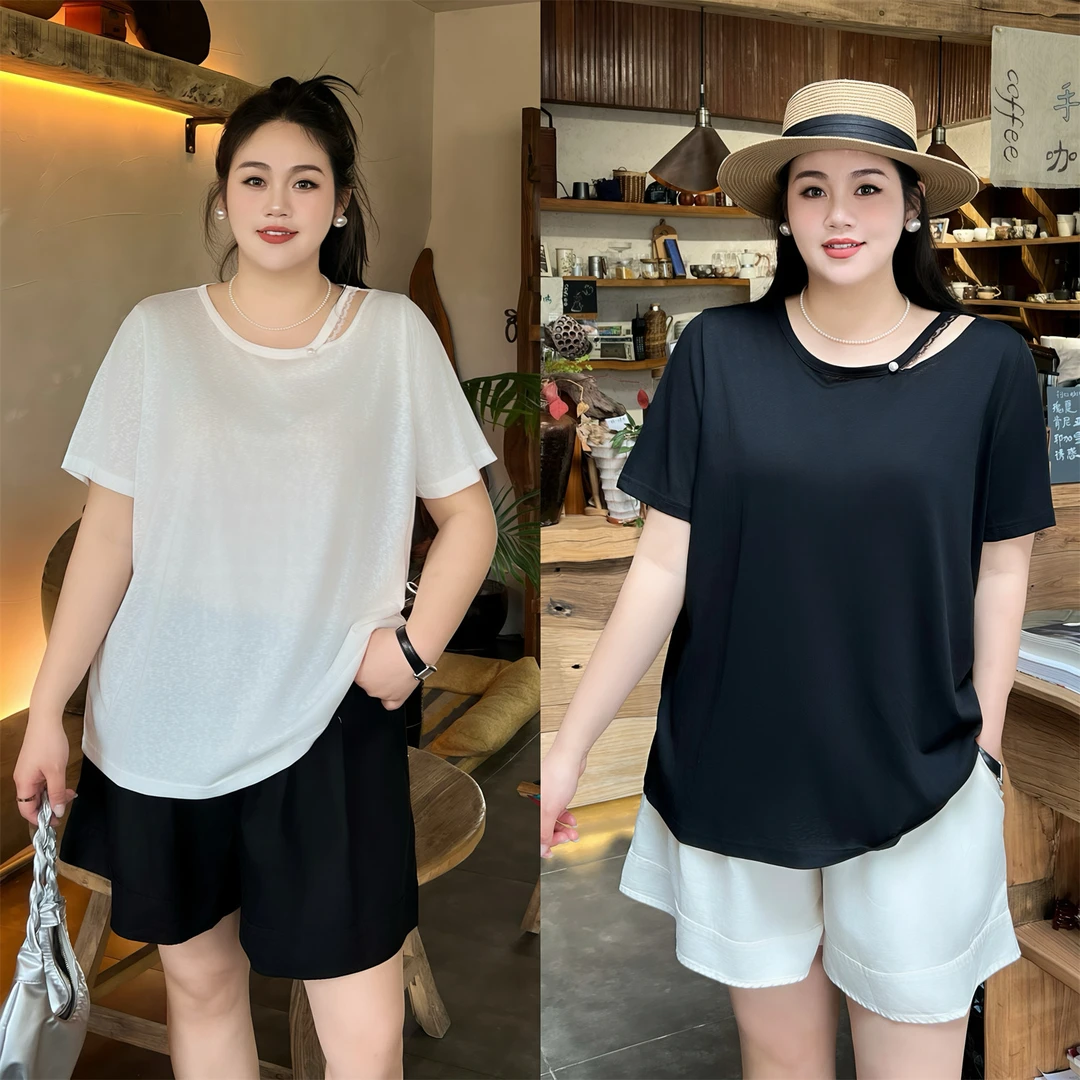 大码女装夏季时尚百搭花契200斤胖mm圆领镂空设计感短袖T恤8975