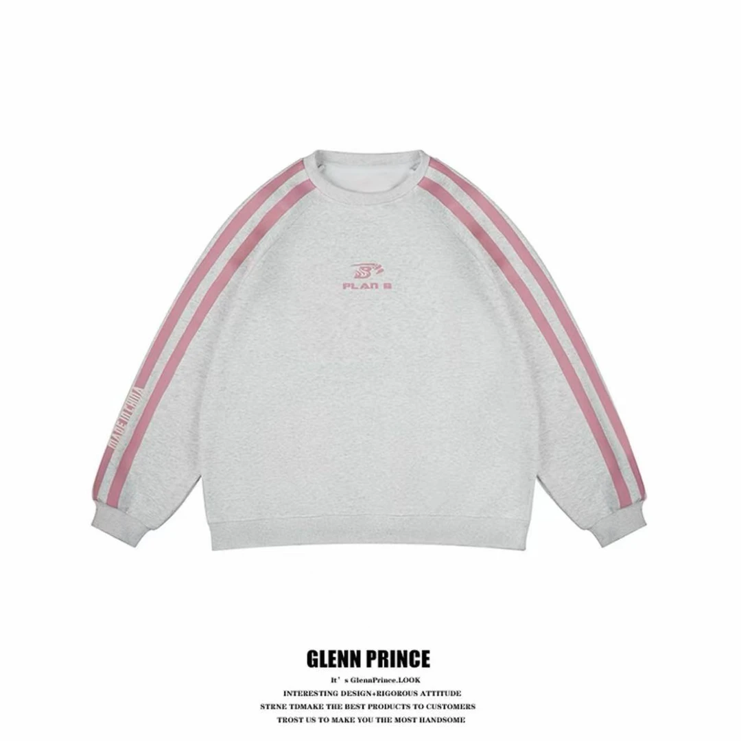 春秋季美式高街潮流三条杆撞色圆领卫衣男女宽松休闲上衣-2067