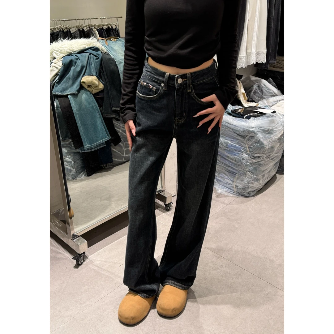 【七柒同款】早春新款韩版时尚百搭高级黑金高腰气质直筒裤