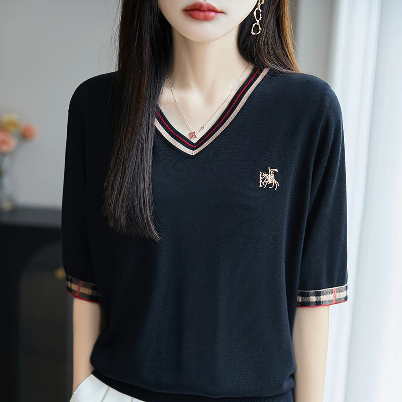莱赛尔天丝 V领撞色针织短袖女刺绣薄款时尚江南风 夏季凉快透气