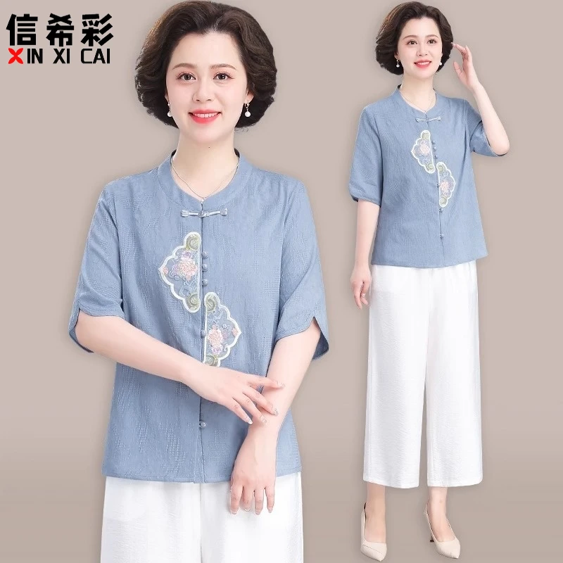 妈妈夏2025新款女装新中式夏装T恤上衣棉麻套装中老年人夏季衣服