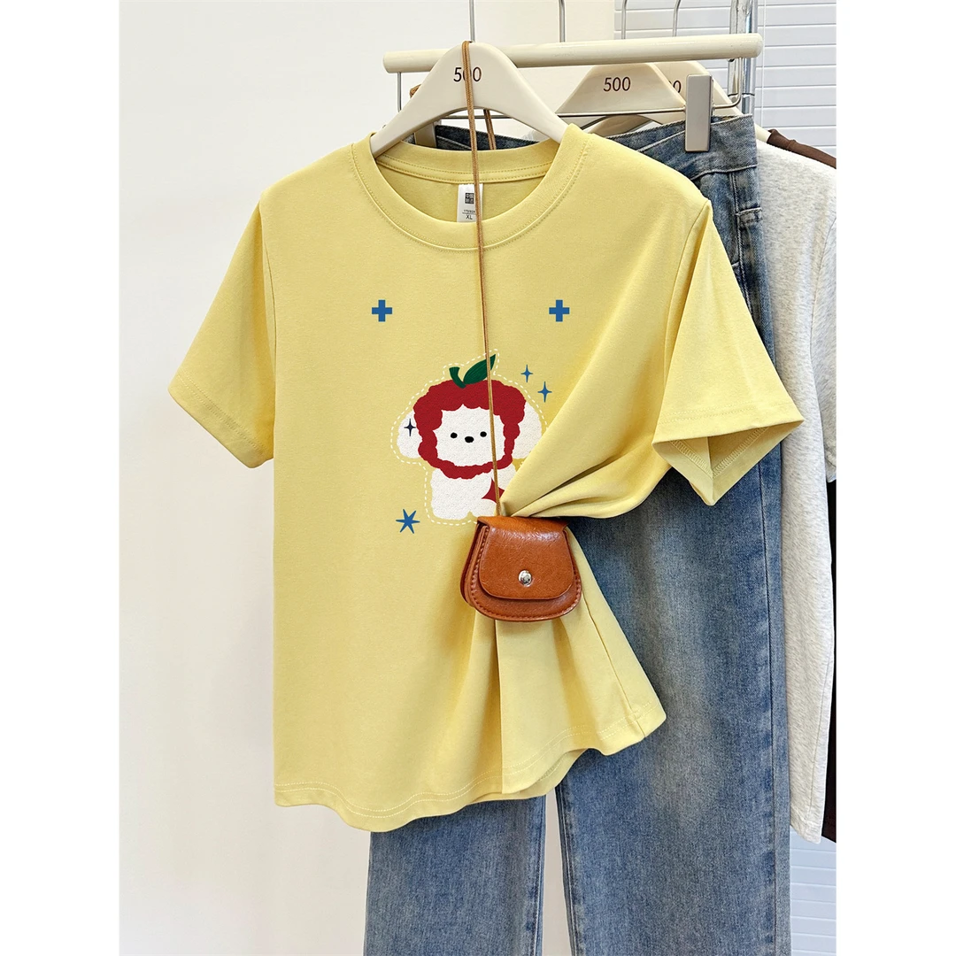 大码正肩短袖T恤女夏季新款胖mm显瘦时尚洋气小狗印花圆领上衣