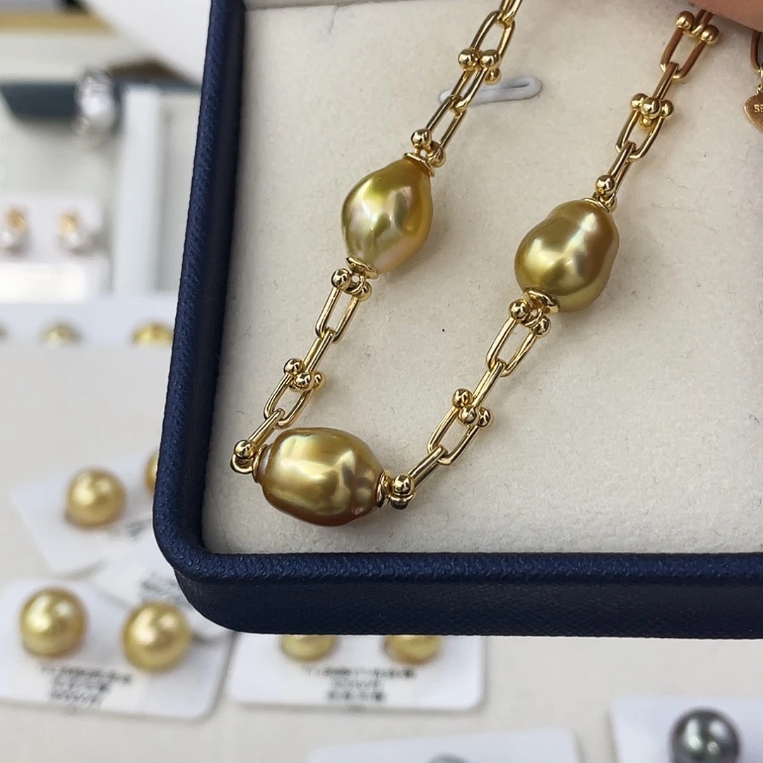 海水珍珠手链银S925镶嵌茶金巴洛克9-10mm成品特价