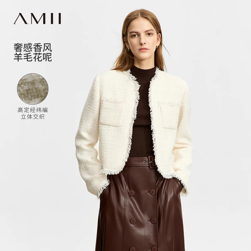Amii香风短款圆领含羊毛粗花呢毛呢外套女12344109