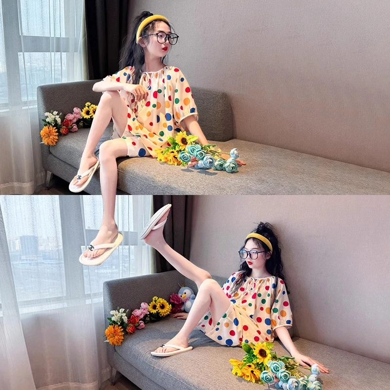 女童睡衣套装夏季2025新款空调服儿童波点夏装女孩家居服薄款穿搭