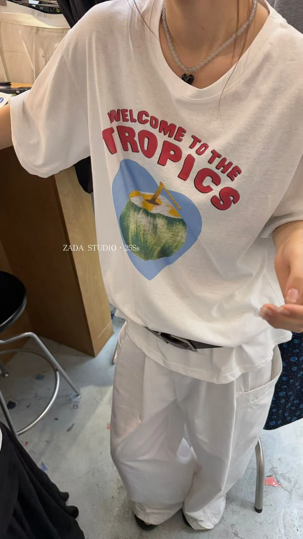 zada@6529 韩系简约百搭椰子印花宽松短袖T 6-18