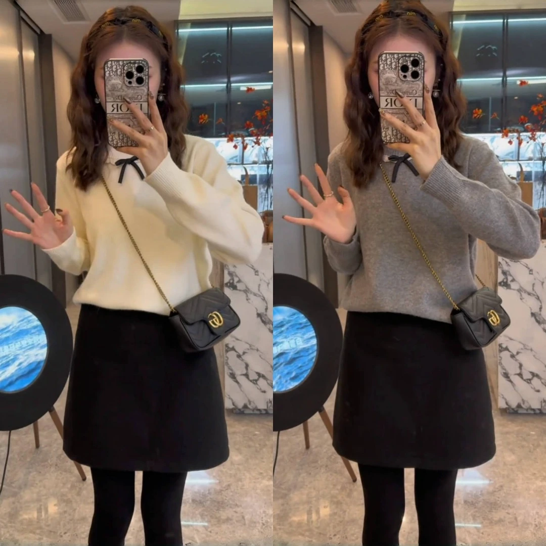 温柔系穿搭秋冬新款针织衫毛衣女韩系小香风时尚蝴蝶结百搭上衣