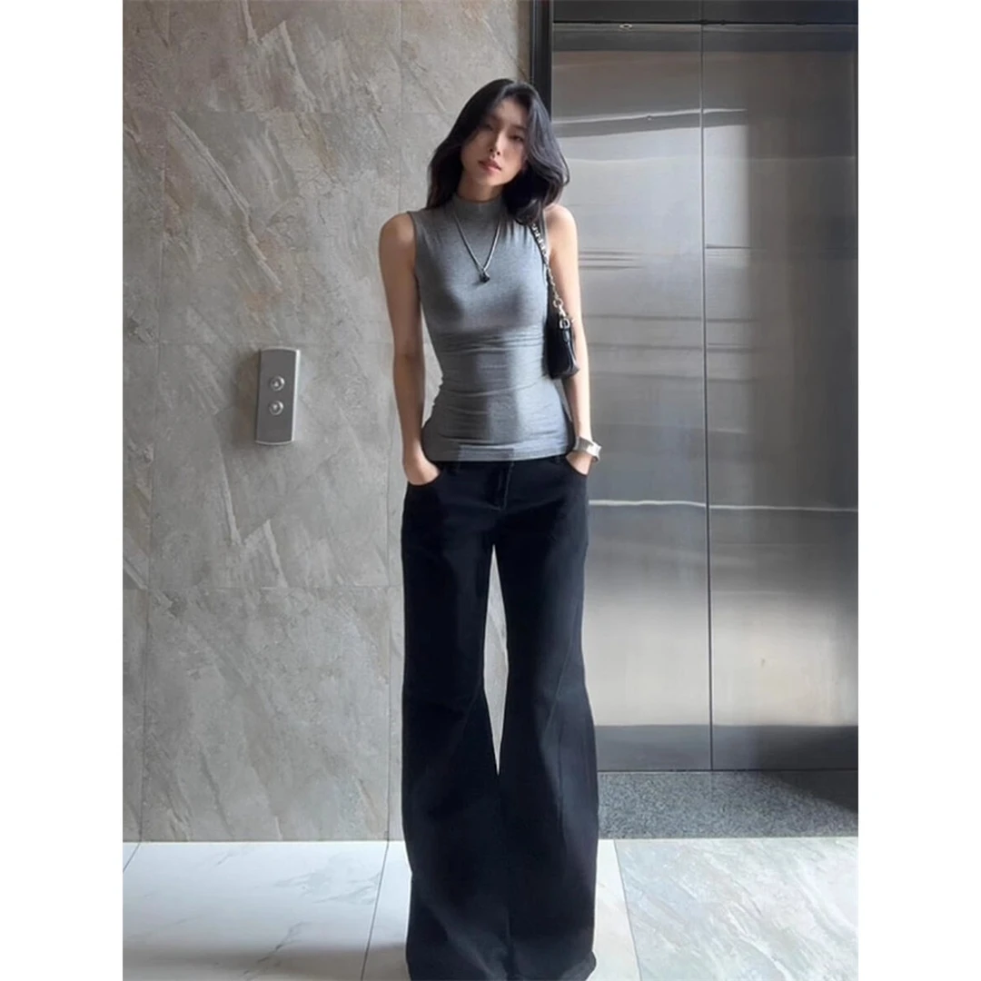 美式辣妹灰色半高领无袖背心女夏季高级感别致修身显瘦百搭上衣潮