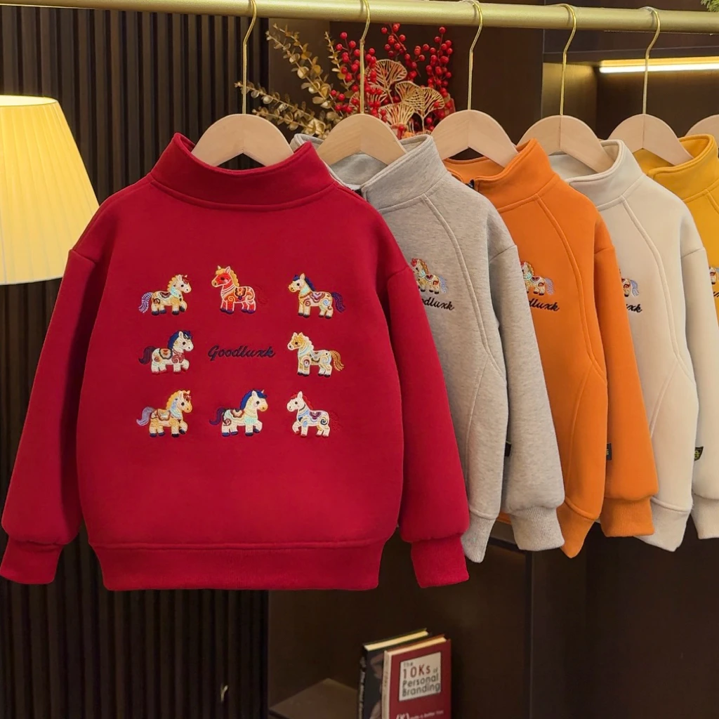 儿童蚕丝羊毛拜年服冬款男童半拉链新年卫衣中大童刺绣潮上衣3069