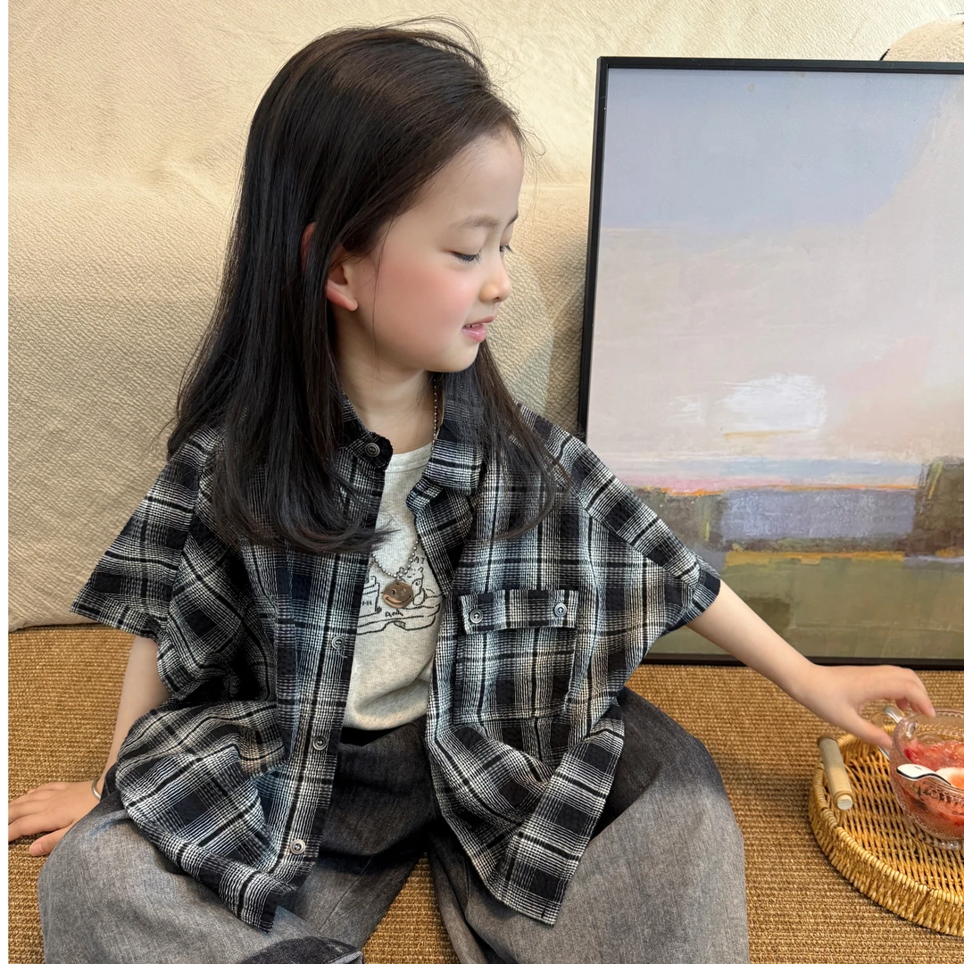 儿童格子衬衫夏款男童韩版宽松短袖衬衣女童洋气休闲上衣FY026